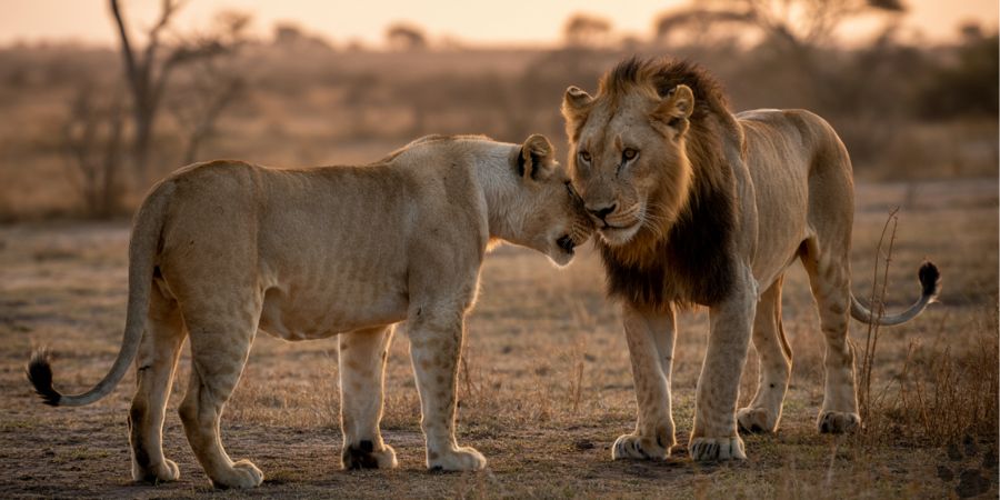 Male and female lions showing bonding behavior, not cannibalism, within the pride.

