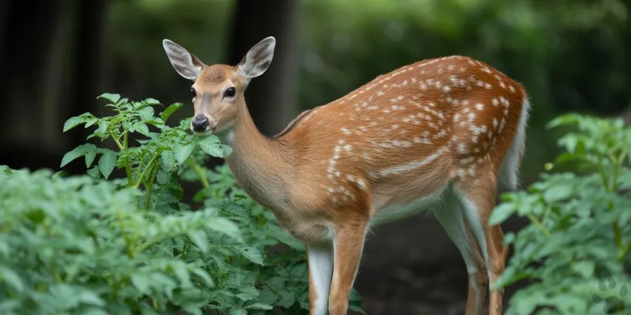 Deer standing near potato plants, highlighting the question of whether the natural bitterness and toxicity of potatoes can repel deer from gardens.

