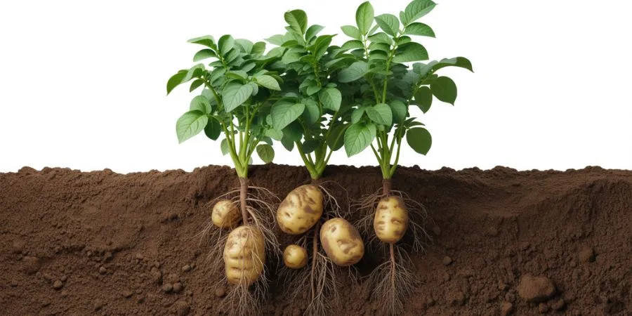 Cross-section of potato plants showing underground tubers, illustrating the part typically protected from deer but occasionally exposed for deer to eat when unearthed.

