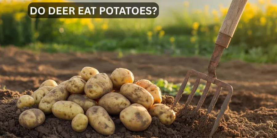 Freshly harvested potatoes on soil with a garden fork, illustrating the question of "Do Deer Eat Potatoes?"

