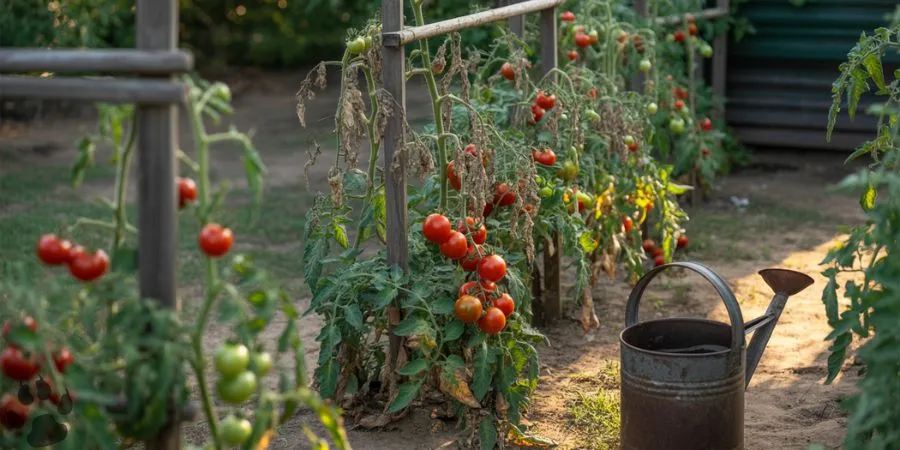 Tomato plants in a garden with damaged leaves and missing fruit, possible signs of deer feeding.

