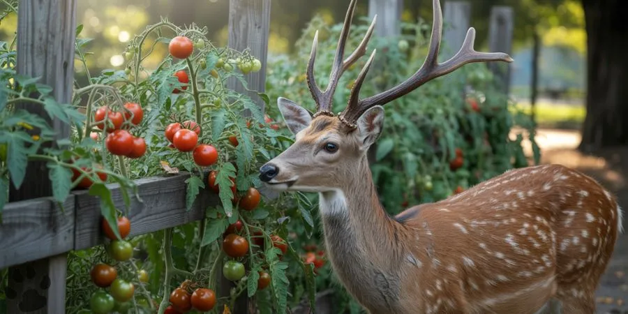 Deer standing beside a tomato plant, surrounded by ripe and unripe tomatoes, highlighting potential risks of tomato plant toxicity to deer.

