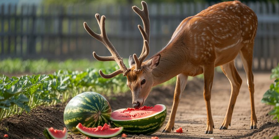 Deer eating watermelon in a garden, showing interest in watermelon rinds.