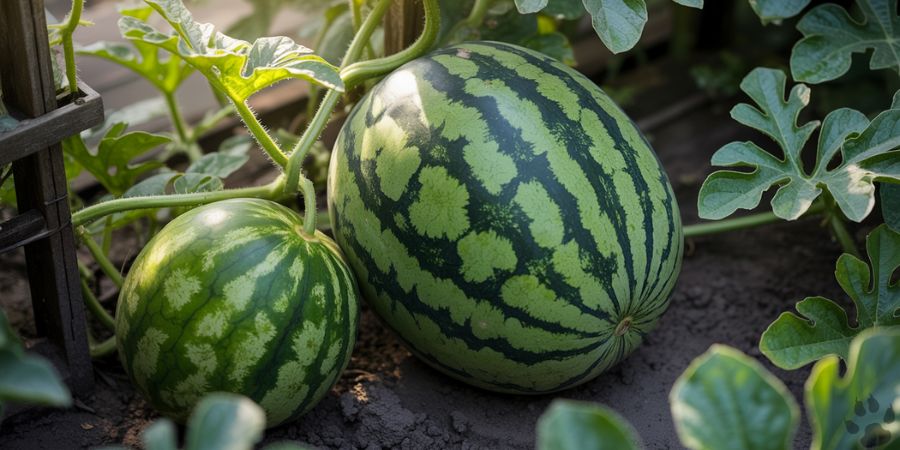 Healthy watermelon growing on plant, showing recovery potential after deer damage.