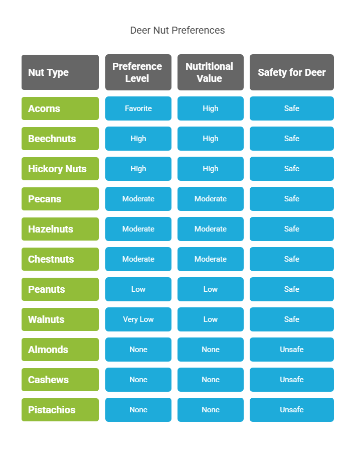 Chart comparing deer preferences for nuts, showing acorns and hickory nuts ranked above walnuts.