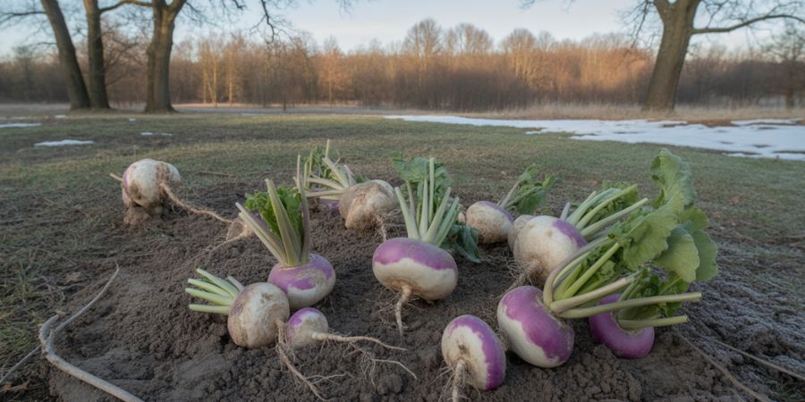 Rotten and uneaten turnip bulbs scattered in a deer food plot

